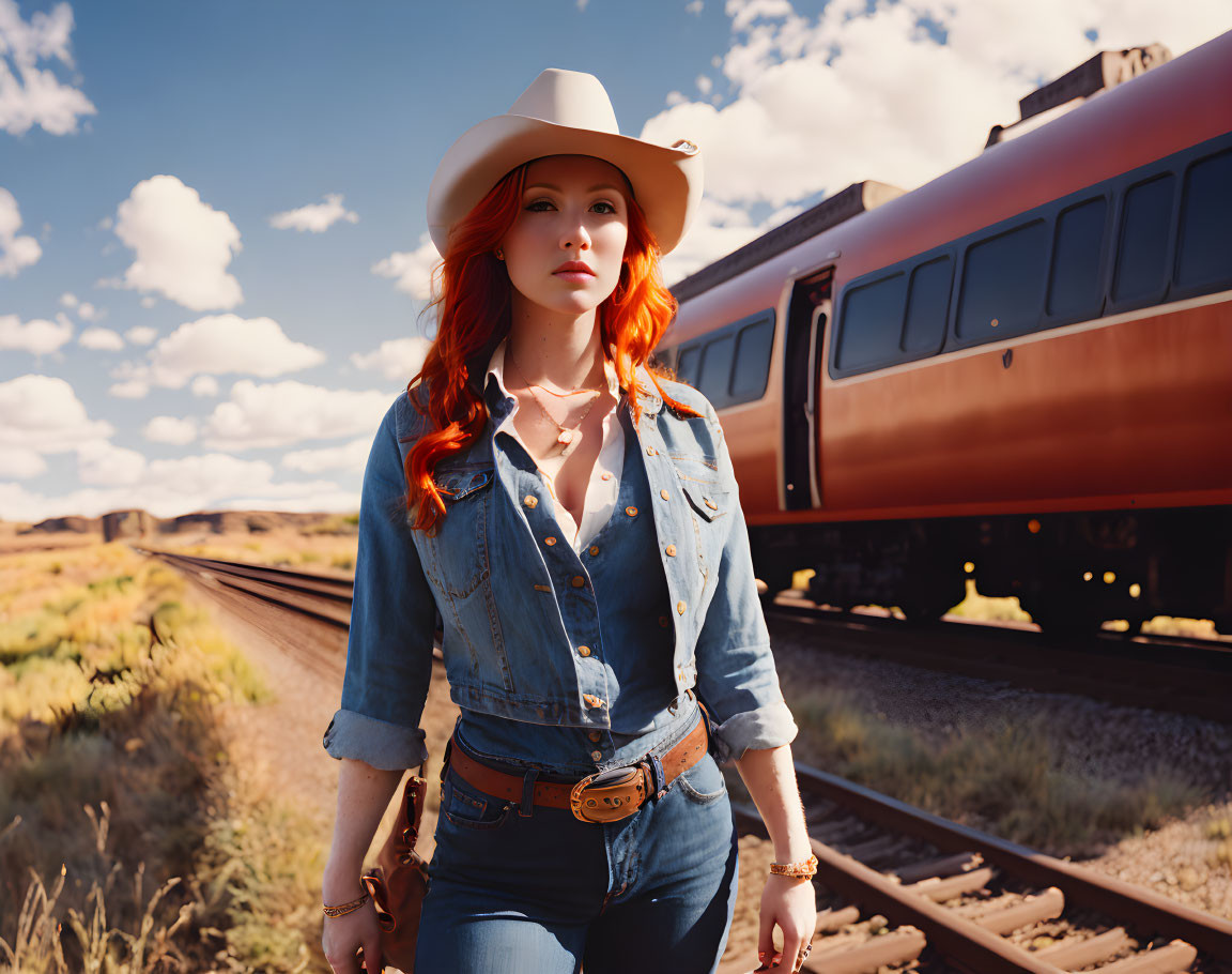 Red-haired woman in denim outfit and cowgirl hat near train on sunny day