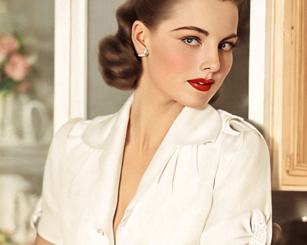 Vintage Portrait: Woman in 1940s Hair & Makeup, White Blouse, Soft Gaze