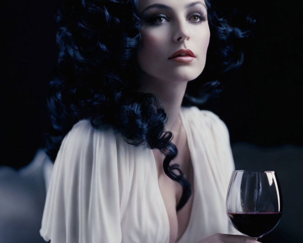 Dark Curled Hair Woman in White Dress Holding Wine Glass