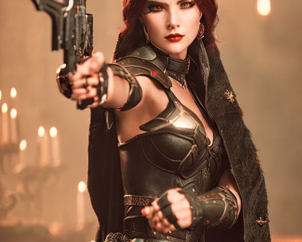 Red-haired woman in fantasy armor aims gun in candle-lit setting