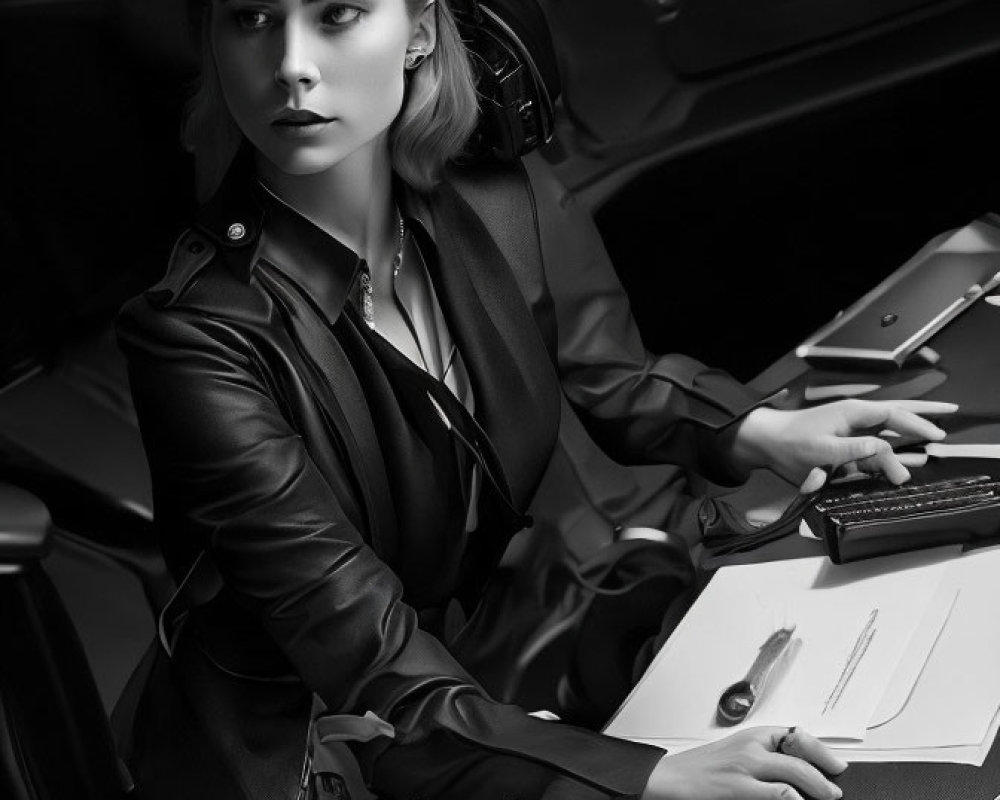 Monochrome image: Woman in leather jacket at desk with papers and phone