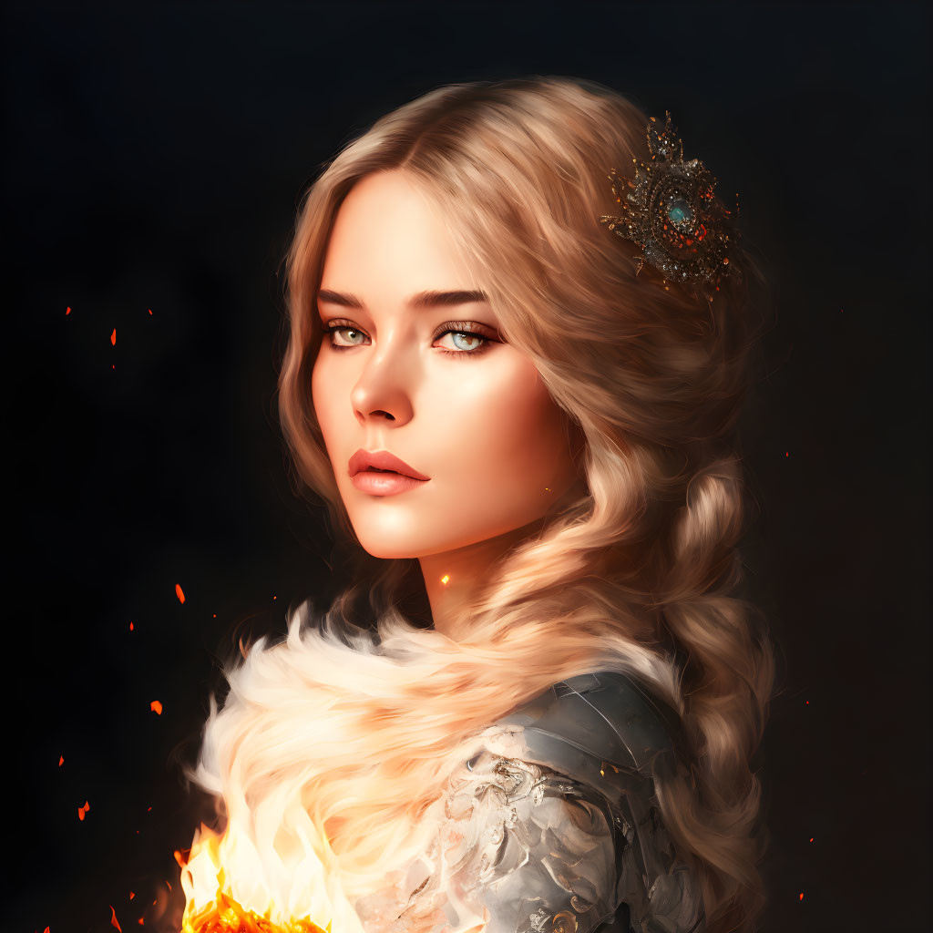 Ethereal portrait of woman with wavy blonde hair and ornate jewel, illuminated by fiery glow