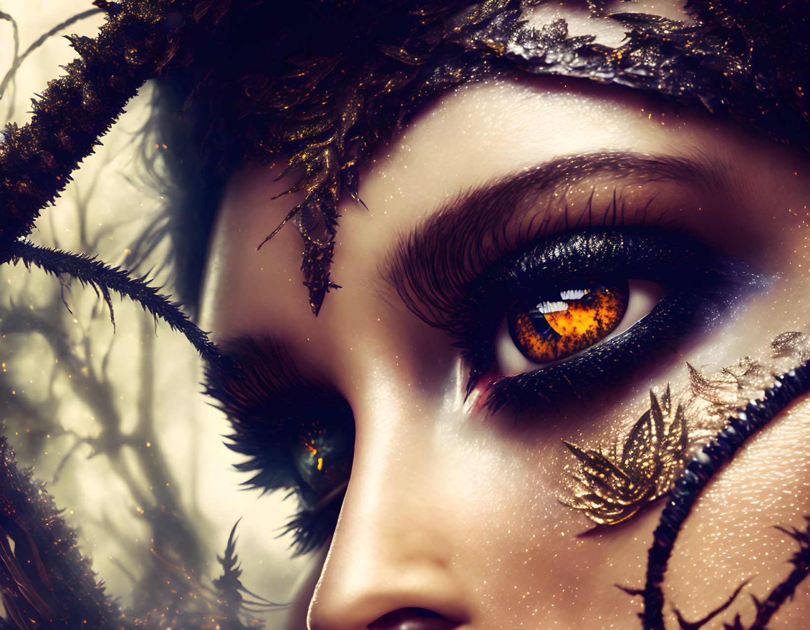 Fantasy-themed digital artwork: Orange iris with golden leaf patterns