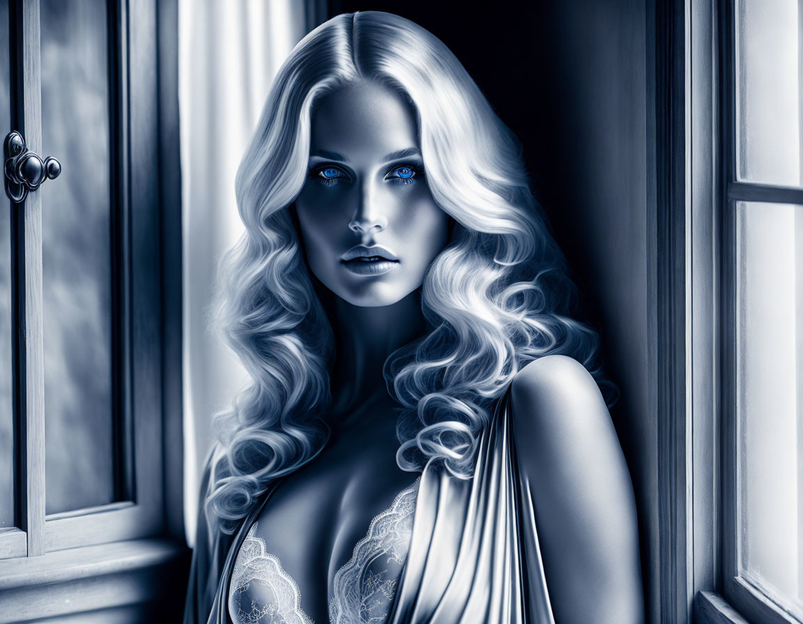 Monochromatic image of woman with long wavy hair and delicate dress gazing out window