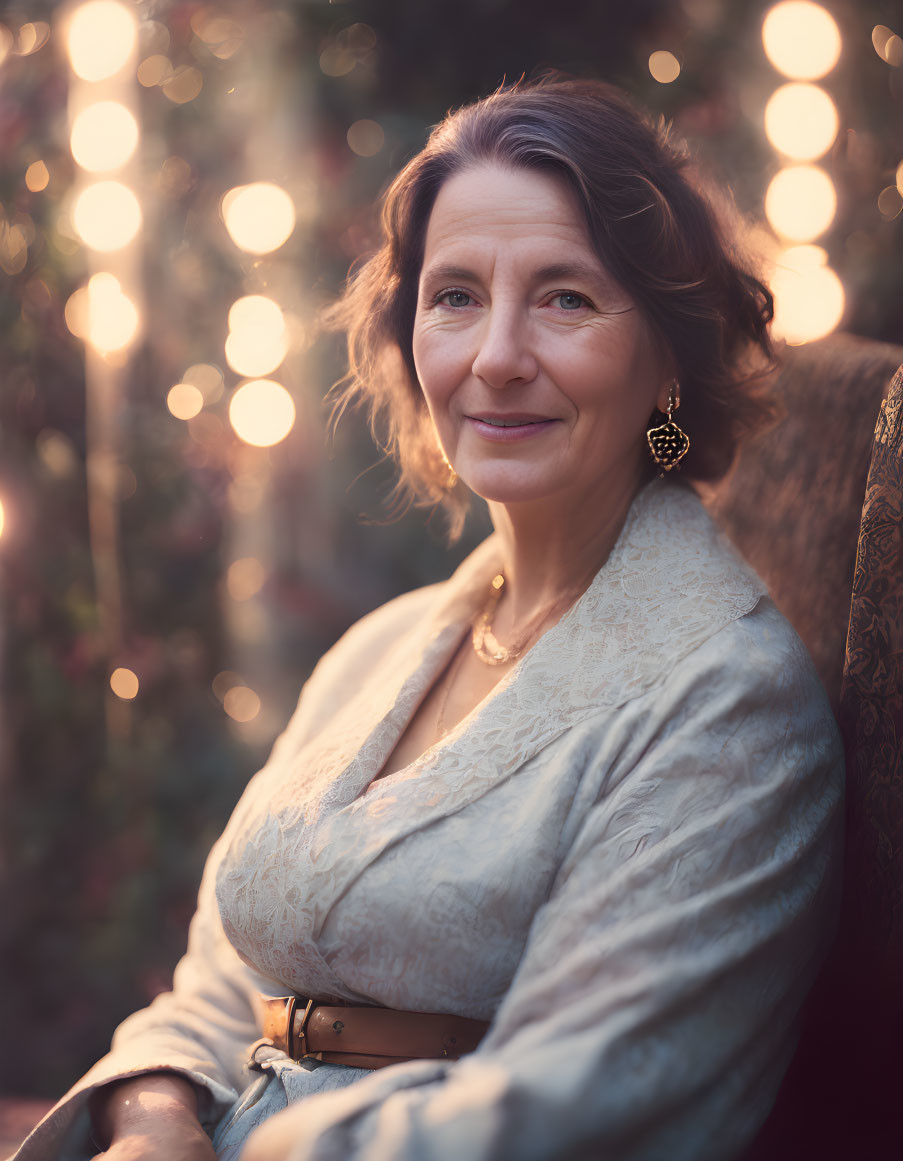 Stylish older woman in vintage chair with gentle smile and bokeh lights