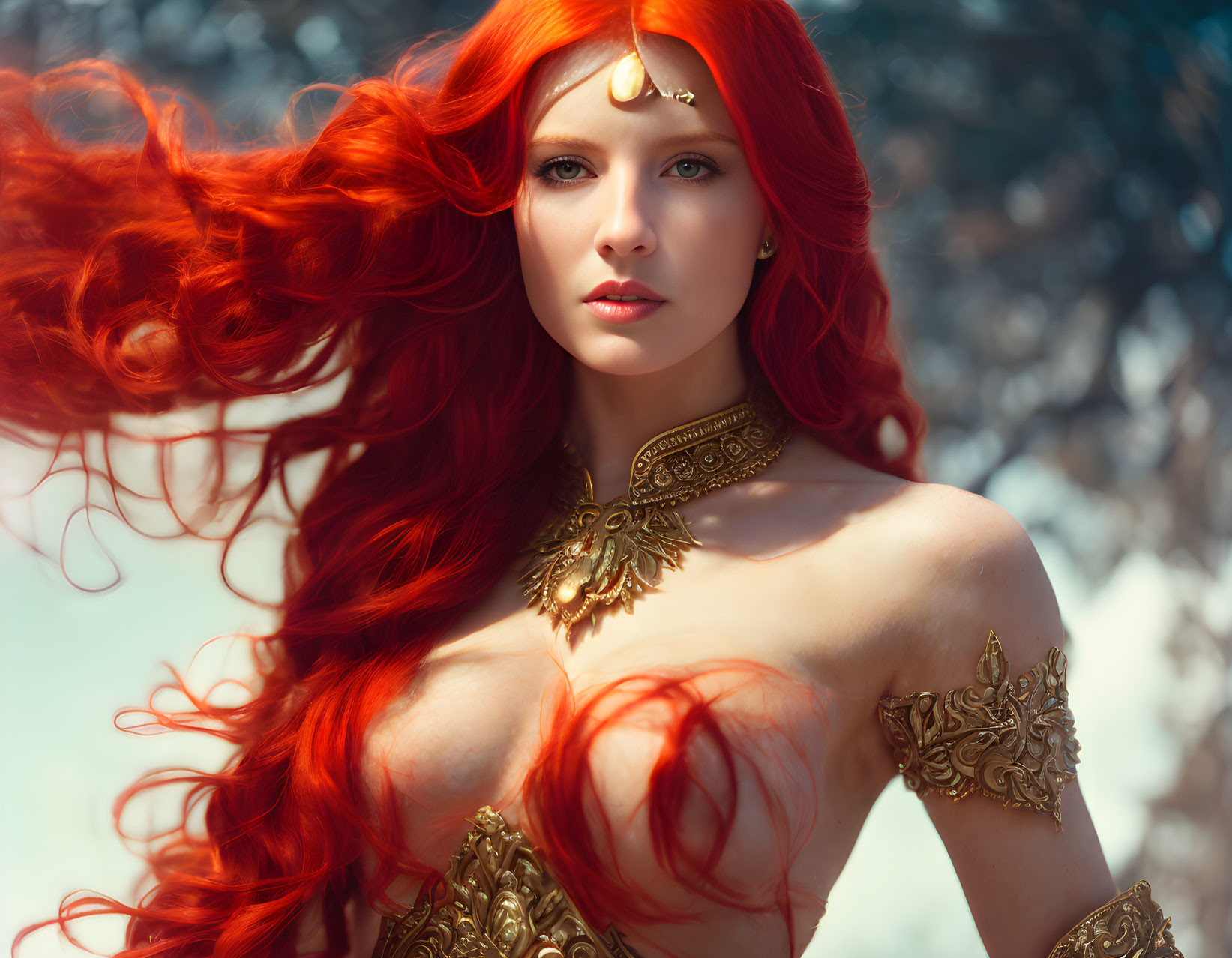 Striking Red-Haired Woman in Golden Jewelry against Soft Background