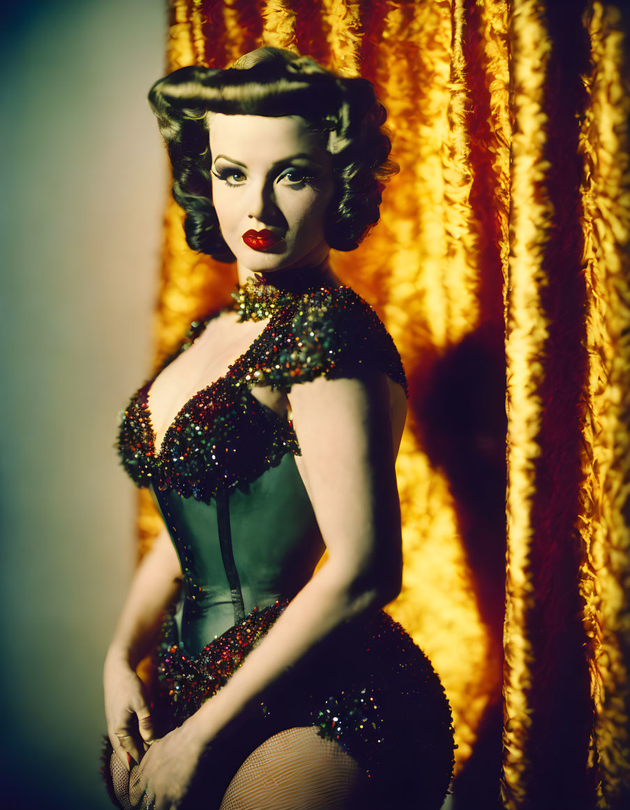 Vintage-style portrait of a woman with curled hair, corset, and embellished costume in front of