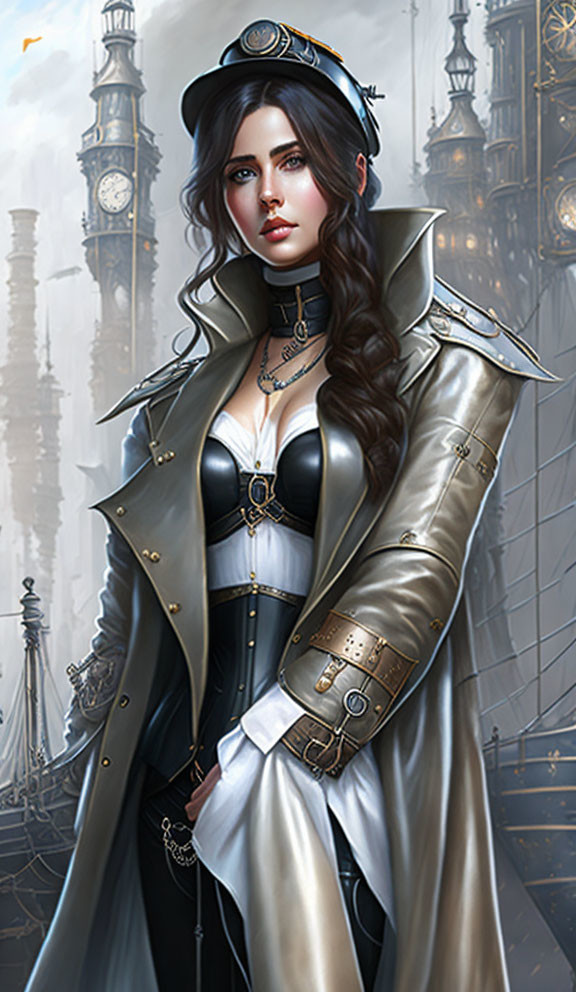 Steampunk-inspired female character in top hat and goggles against industrial cityscape