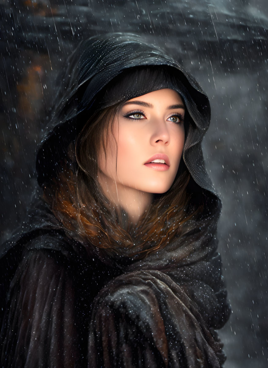 Woman in dark hooded cloak with captivating eyes in snowfall