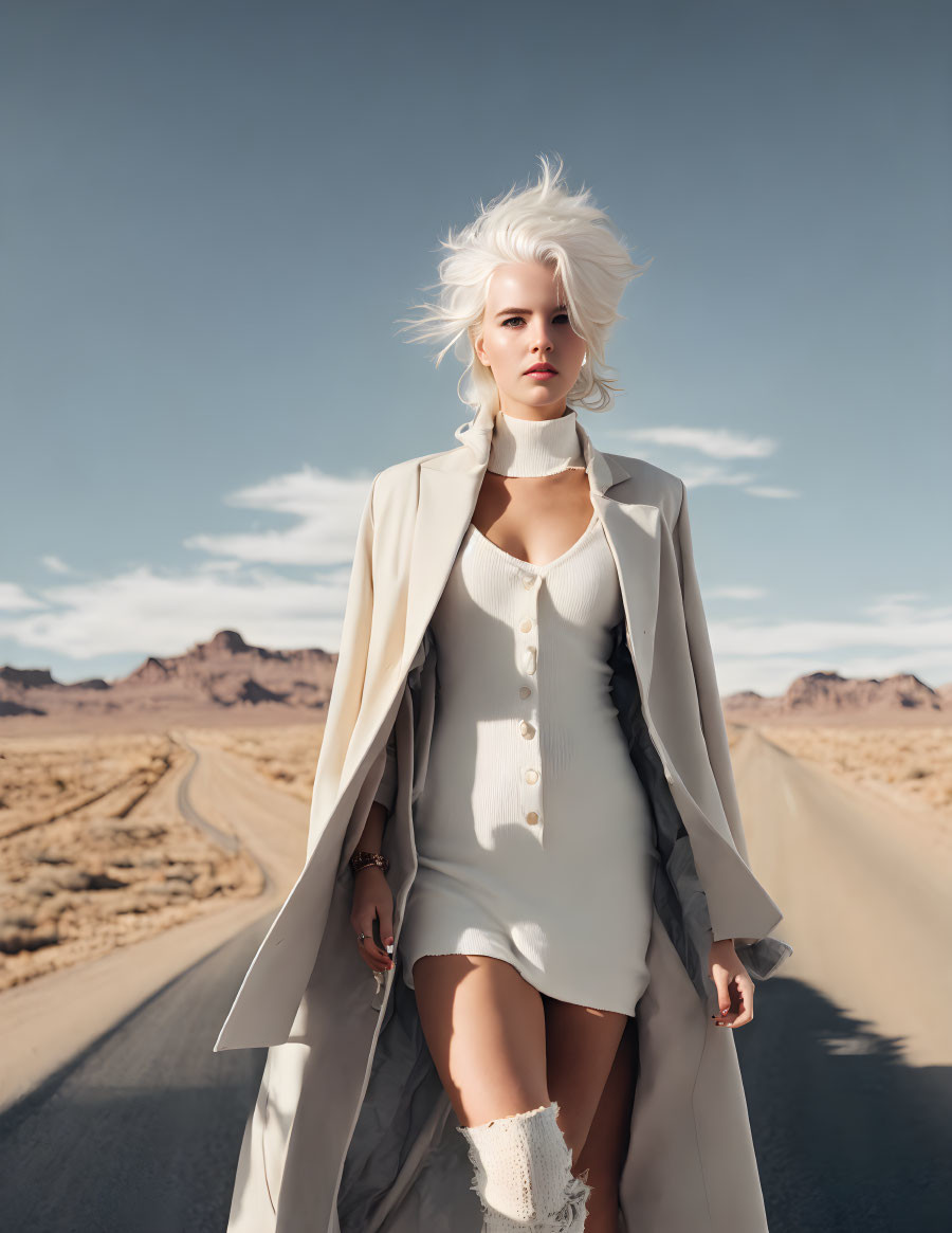 Blonde Woman in White Outfit on Desert Road