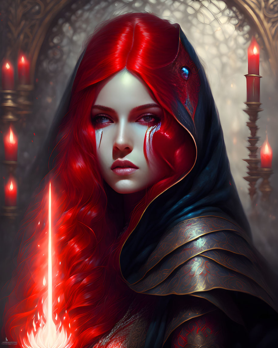 Red-haired woman with glowing sword in mystical chamber lit by candles