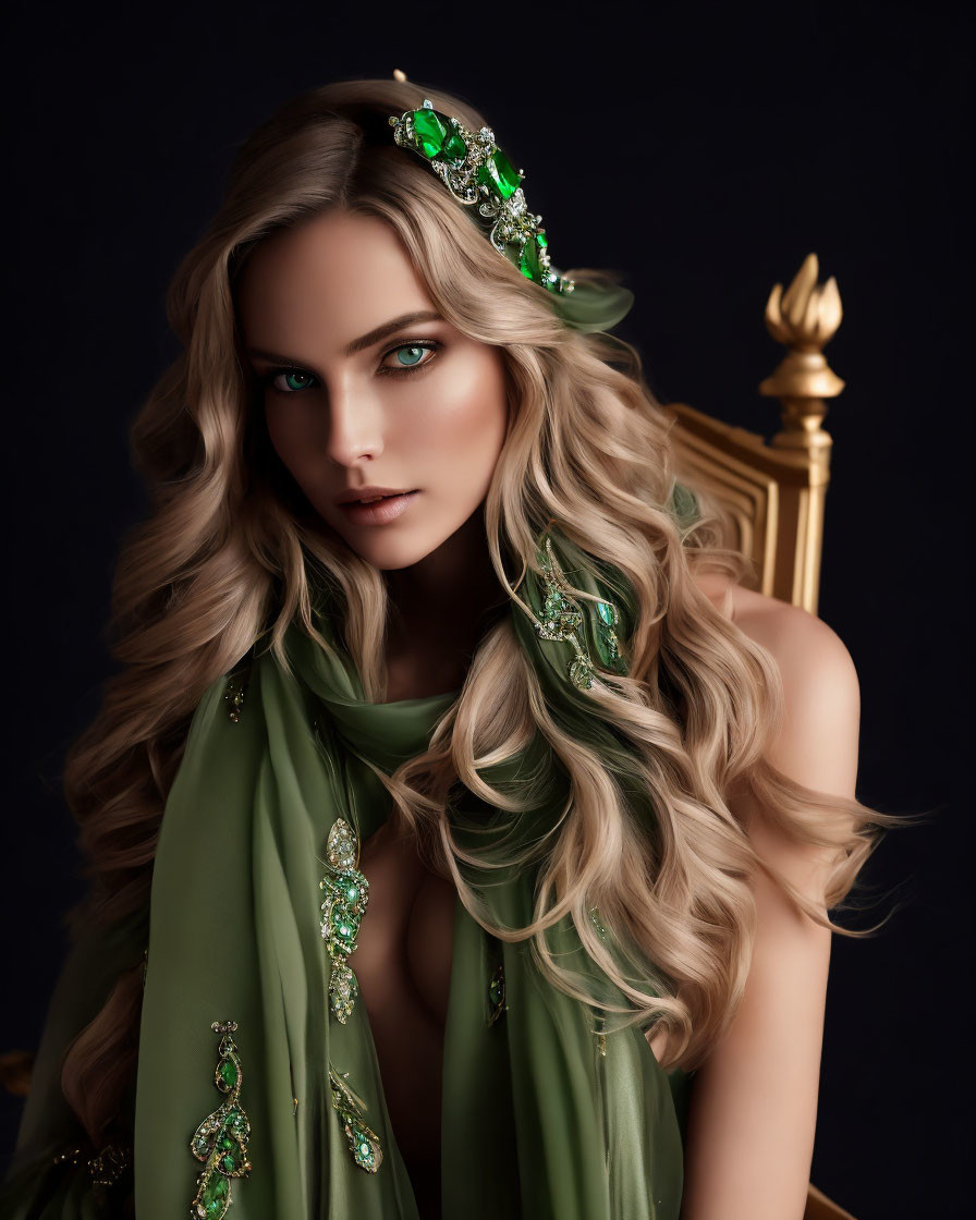 Woman with Wavy Hair and Green Jeweled Headpiece in Green Scarf on Golden Chair