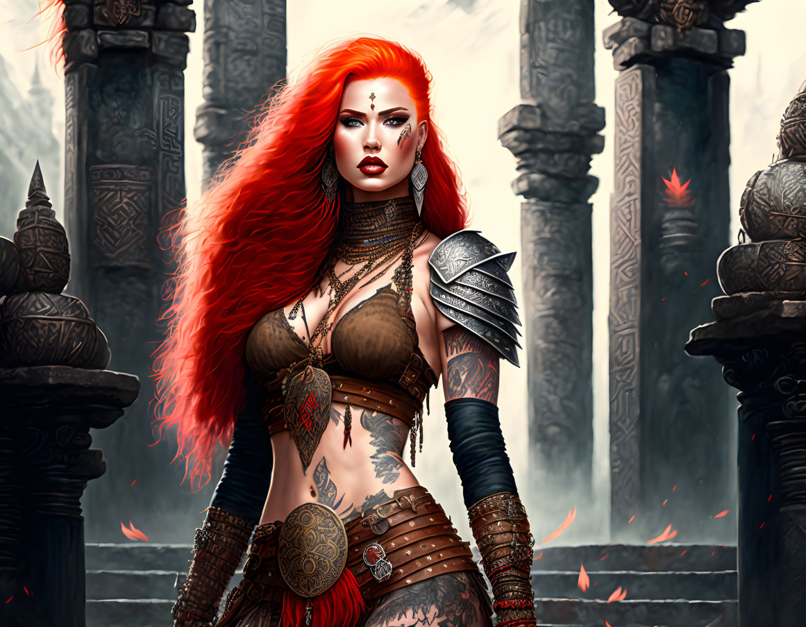 Fierce warrior woman with red hair in intricate armor among ancient ruins