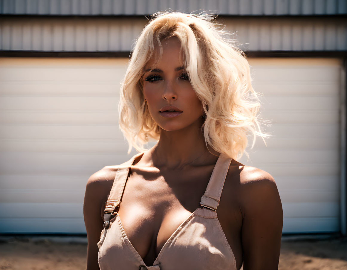 Blonde woman in overalls with wavy hair against white background