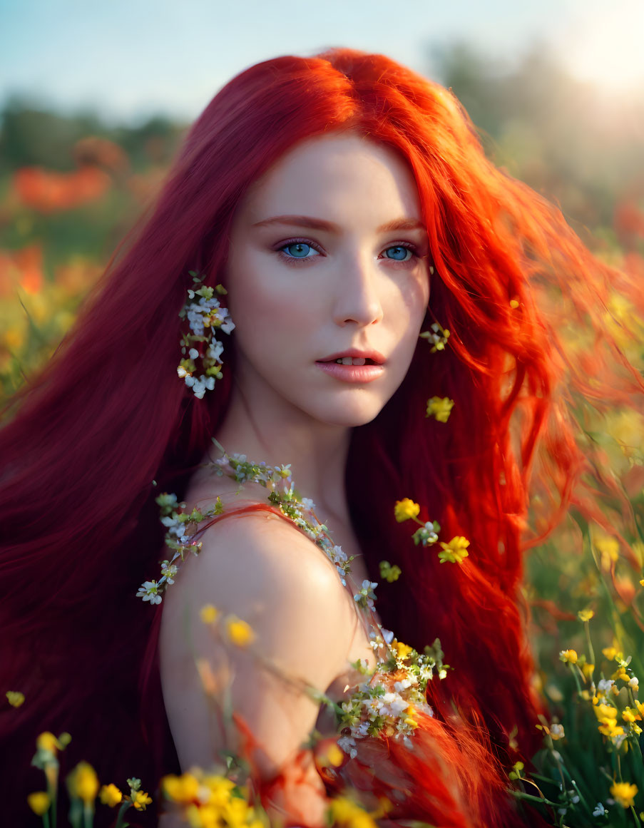 Red-haired woman with flowers in sunlit wildflower field gazes at camera