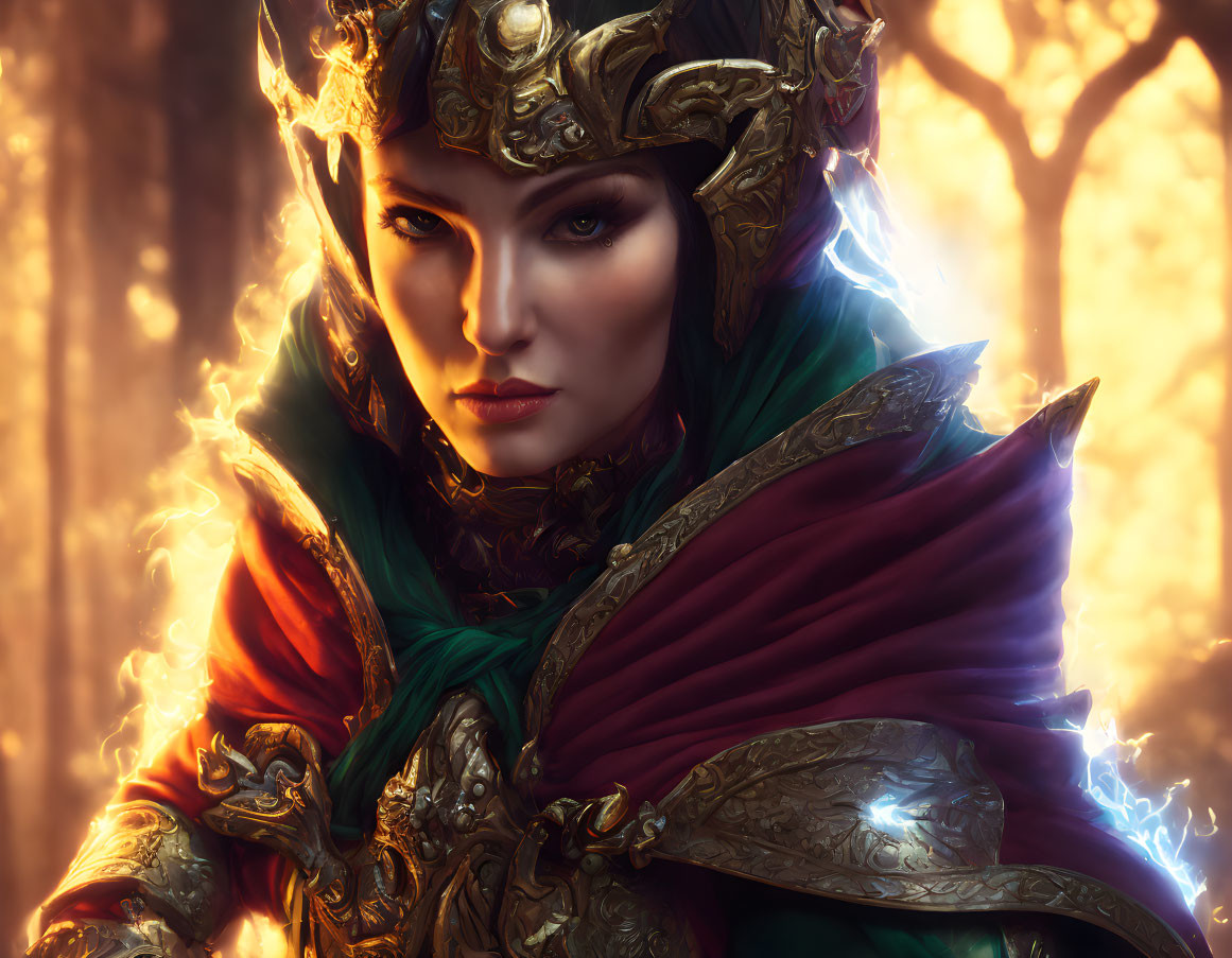 Female warrior digital art: glowing eyes, golden armor, red cape, fiery backdrop.