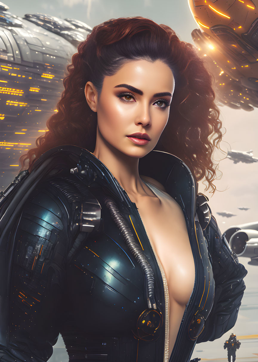 Futuristic digital artwork of confident woman in black armor