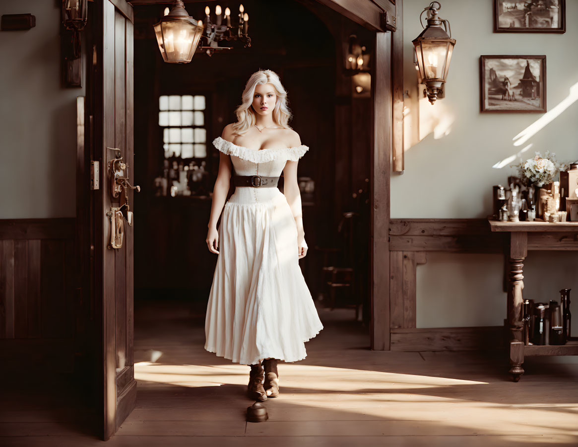 Vintage Attired Woman in Sunlit Room with Antique Decor