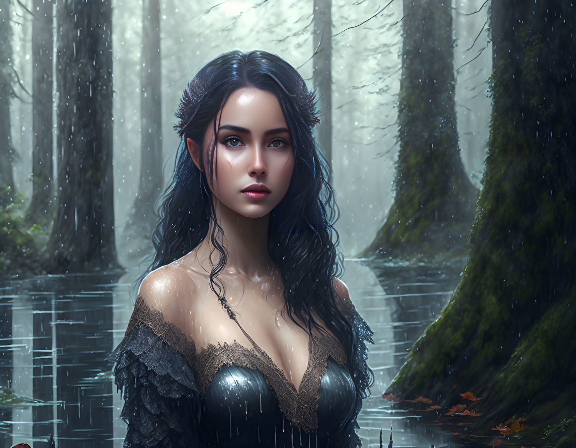 Mystical female figure with elfin features in misty forested water landscape