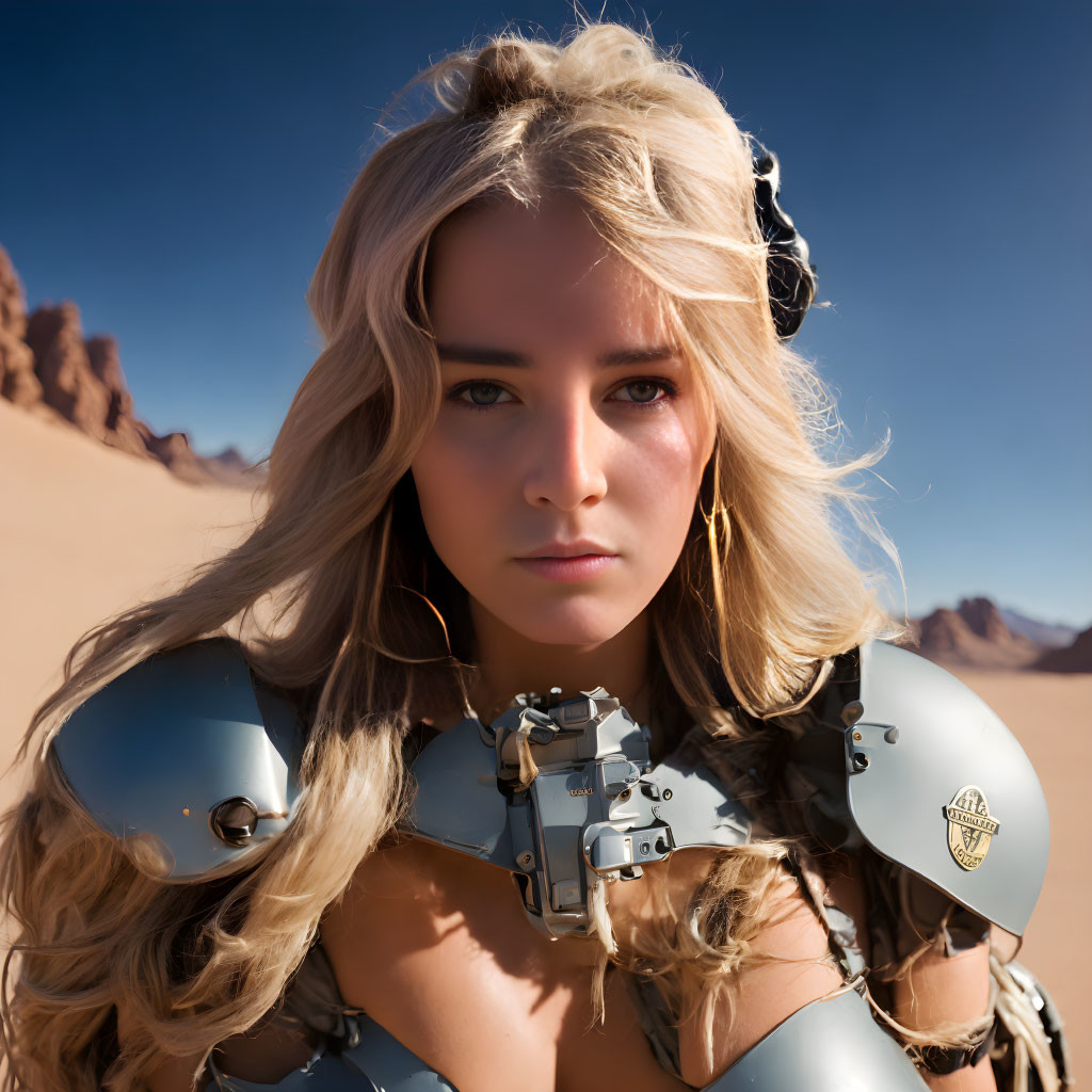 Blonde woman in sci-fi armor in desert landscape