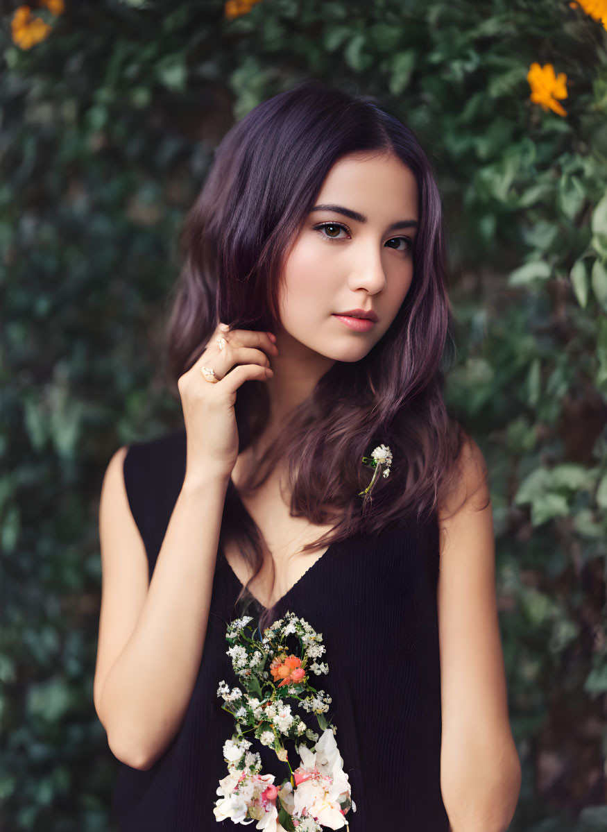 Purple-haired woman with earring in front of yellow blooms and floral top