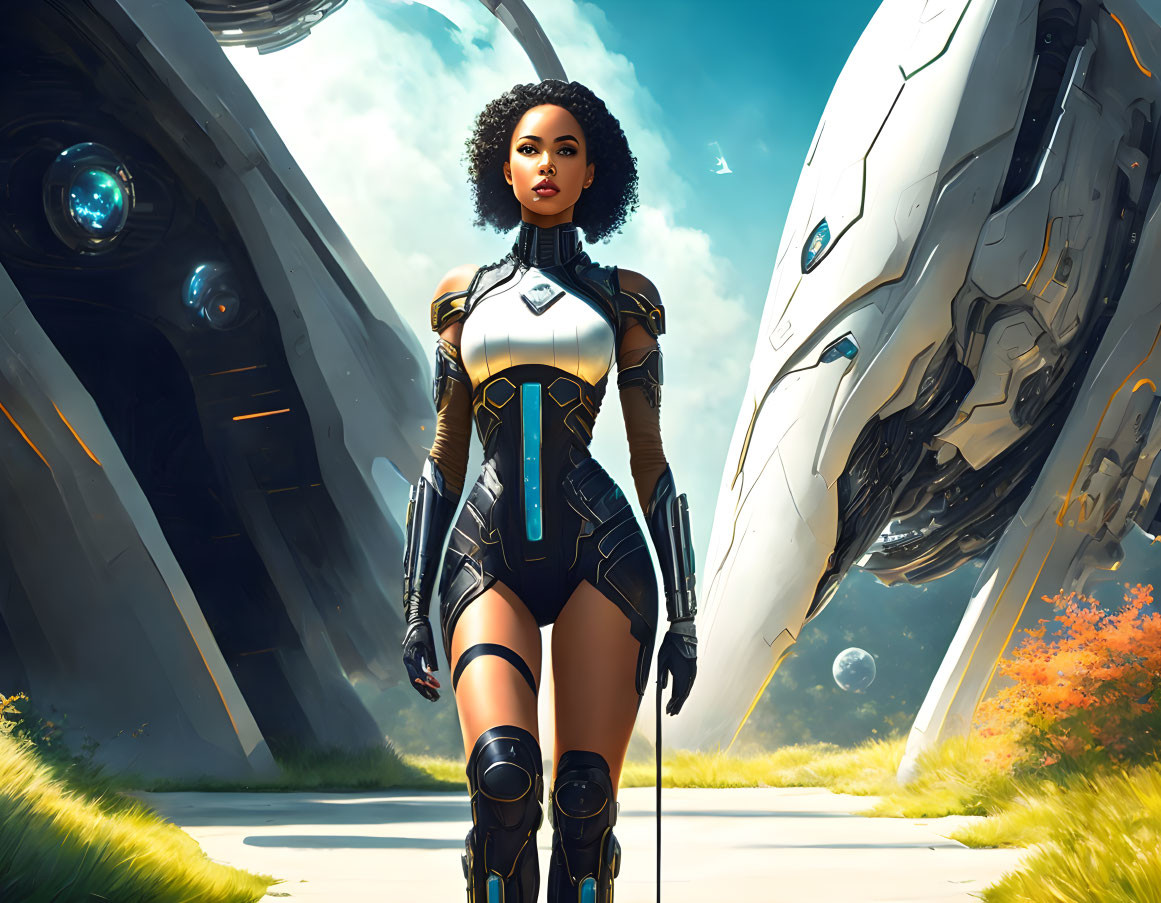 Confident woman in futuristic suit with spacecraft and alien landscape.