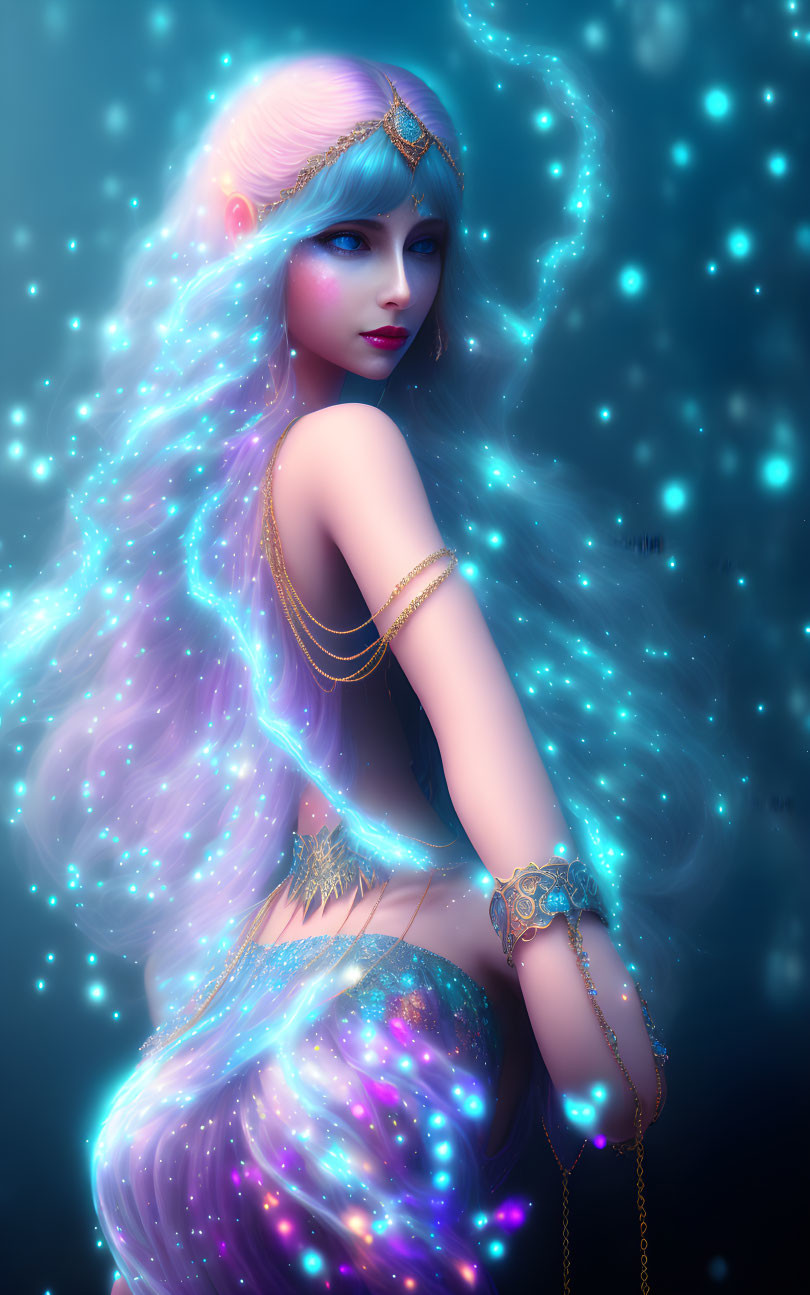 Colorful Galaxy-Themed Hair Woman Illustration in Exotic Attire