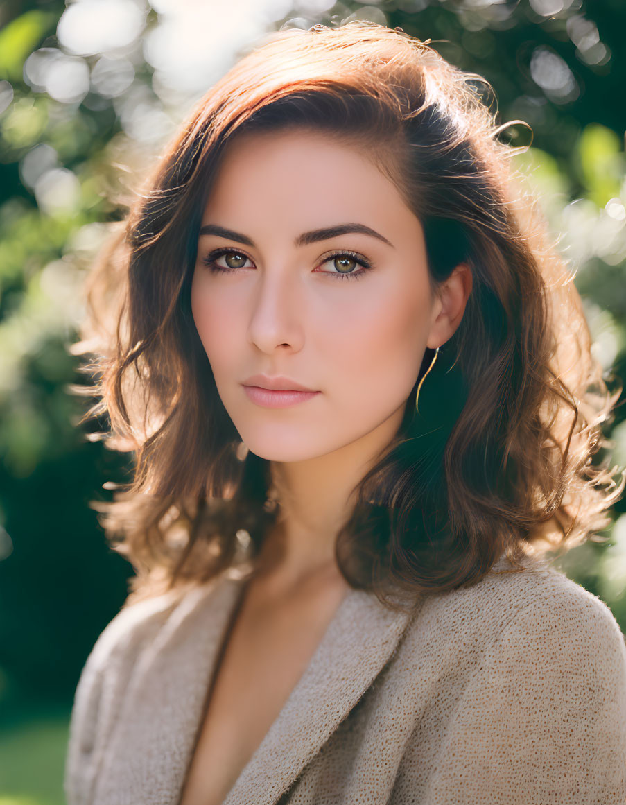 Woman with Medium-Length Brown Hair in Beige Outfit Against Greenery Backdrop