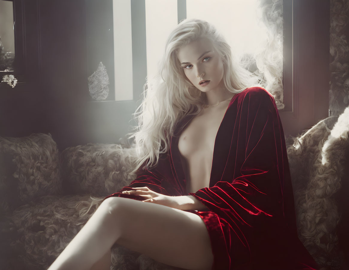 Platinum Blonde Woman in Red Robe on Sofa in Soft Light