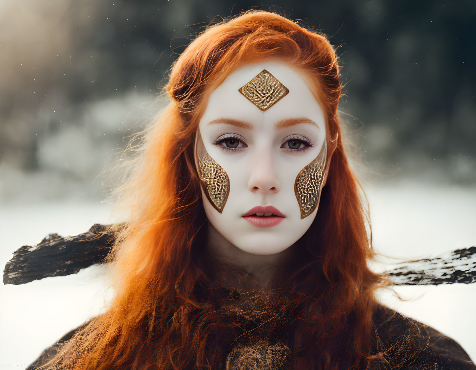 Red-haired woman with gold facial adornments in snowy landscape