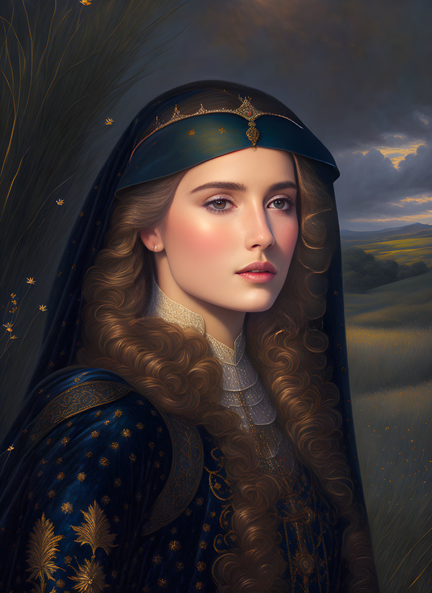 Medieval-themed digital painting of a woman with long hair in blue headpiece standing in a field at