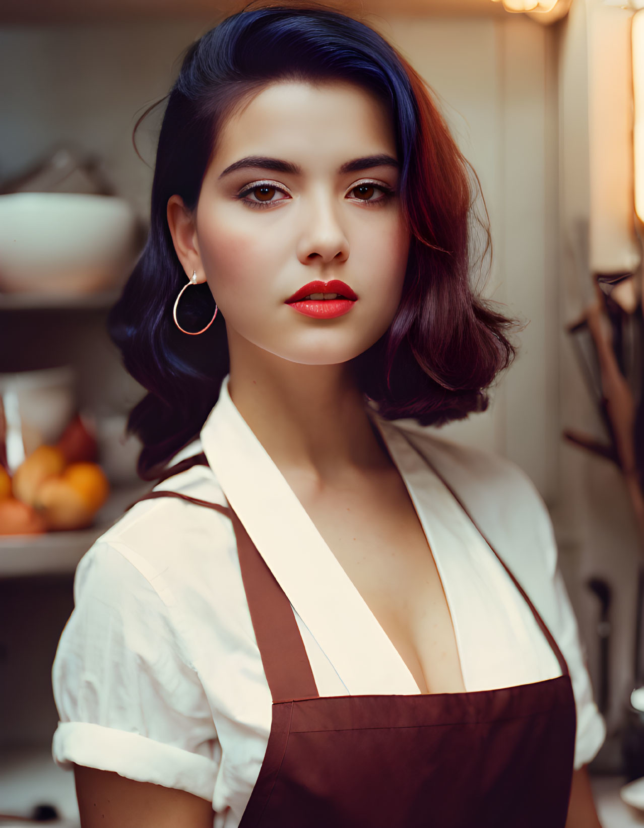 Woman with Red Lipstick and Blue Hair in Kitchen Scene