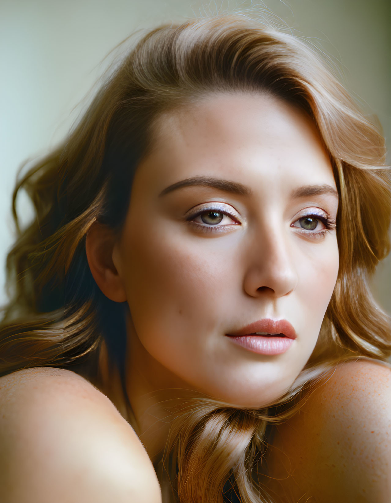 Woman with wavy hair and soft makeup gazing sideways on blurred background