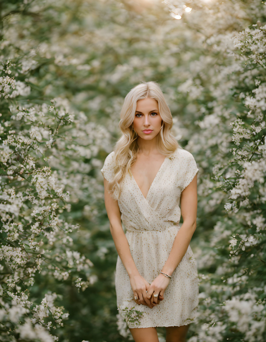 Blonde woman in light floral dress among white blossoming bushes