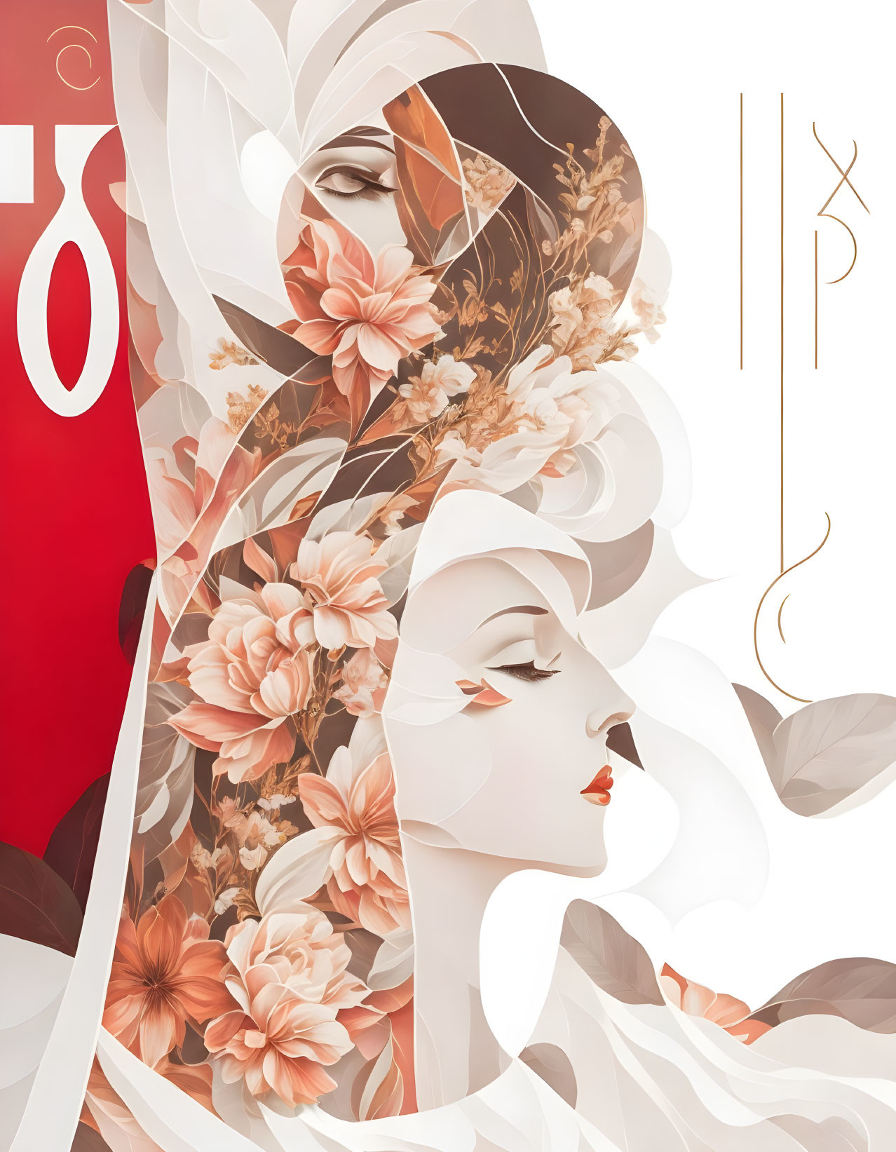 Female profiles overlaid with floral patterns in warm earth tones.