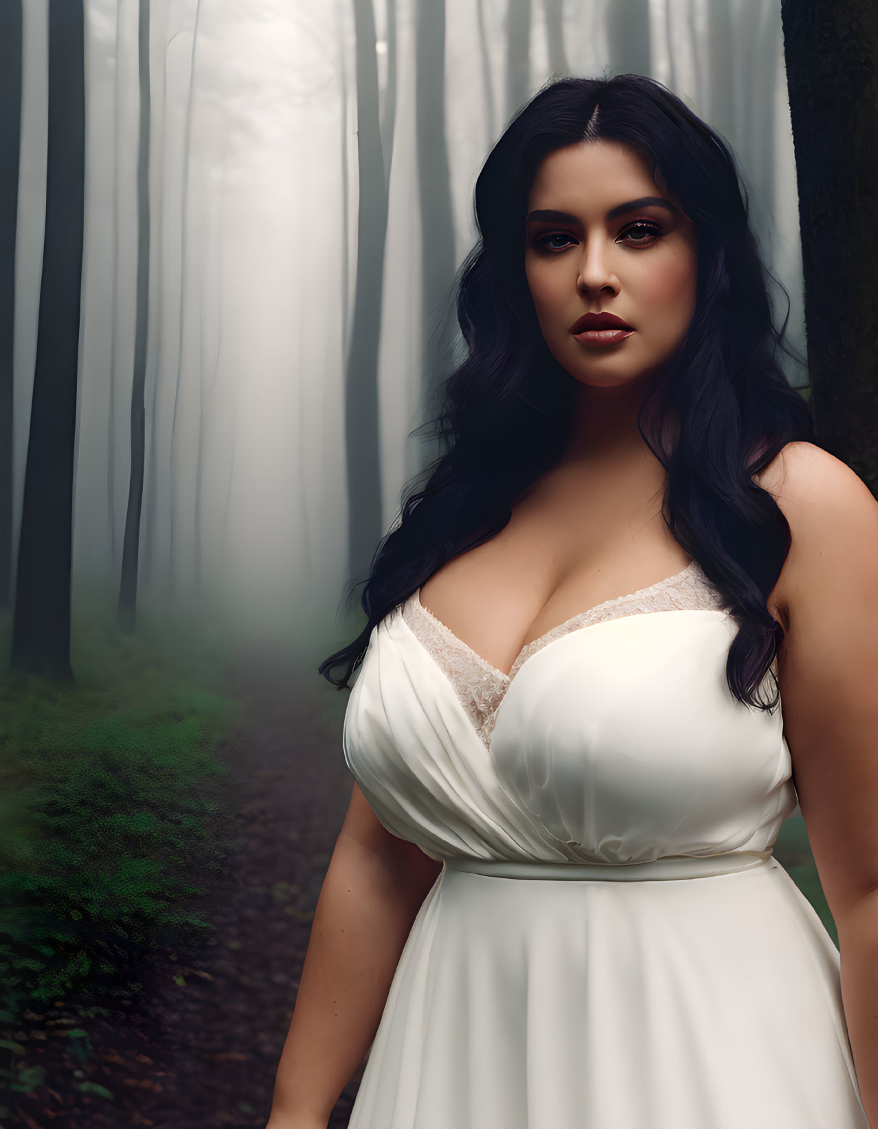 Woman in white dress in foggy forest with sunlight filtering through trees