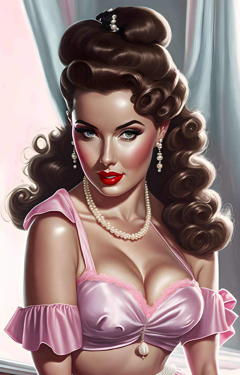 Vintage 1950s Hollywood style woman illustration with glamorous hair, makeup, pearl necklace, and satin