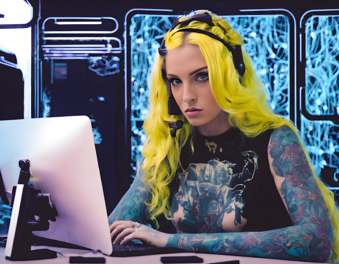 Yellow-haired woman with tattoos and headphones at computer with neon blue light