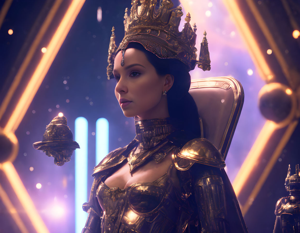 Regal woman in golden crown and armor on glowing throne with orbs