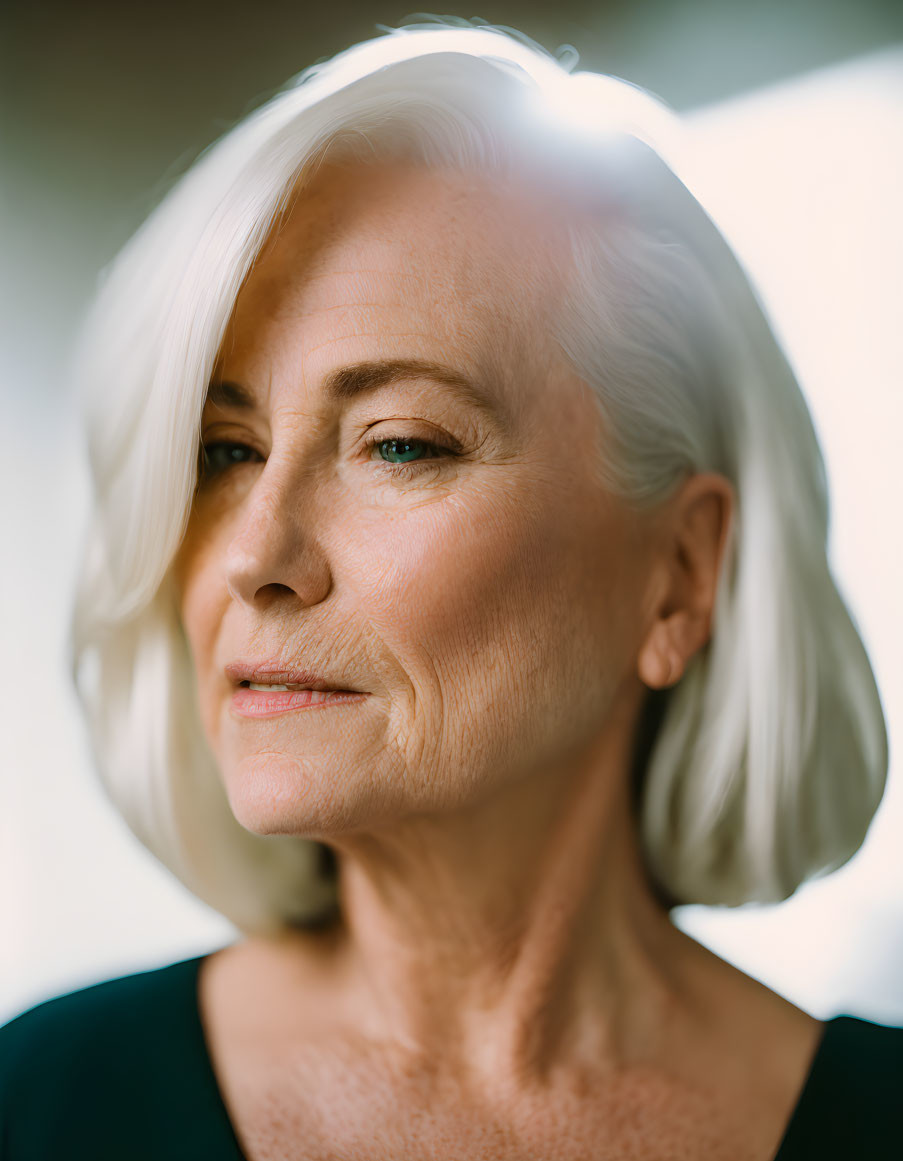 Elderly woman portrait with short white hair and halo effect