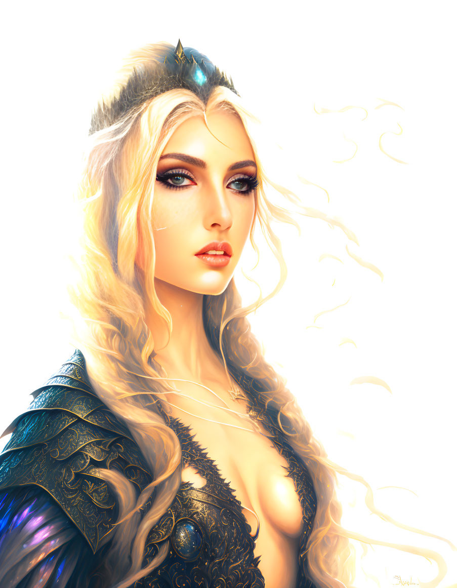 Regal woman digital artwork with blonde hair, crown, and dark armor