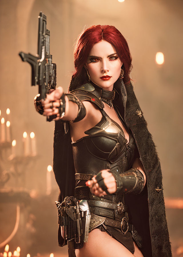 Red-haired woman in fantasy armor aims gun in candle-lit setting