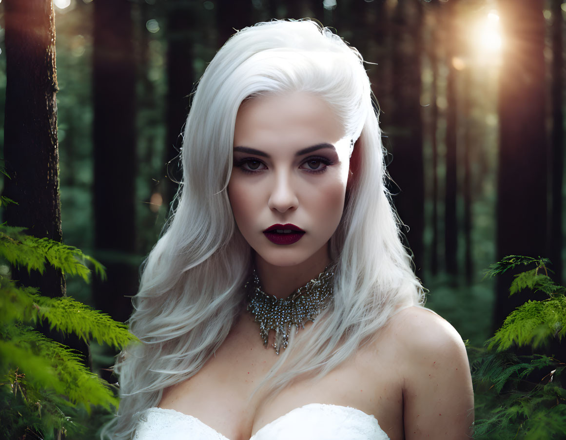 White-haired woman with dark lipstick in sunlit forest