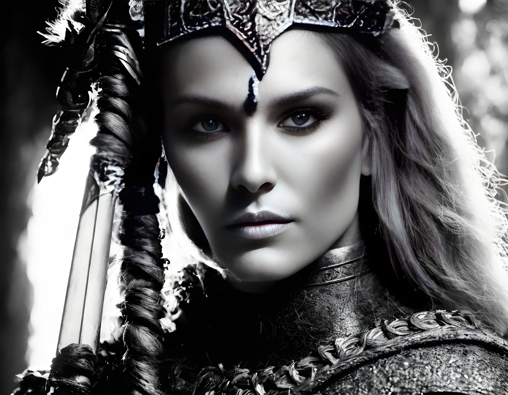 Monochrome image of woman with intense gaze, adorned with headpiece, holding sword & wearing chainmail