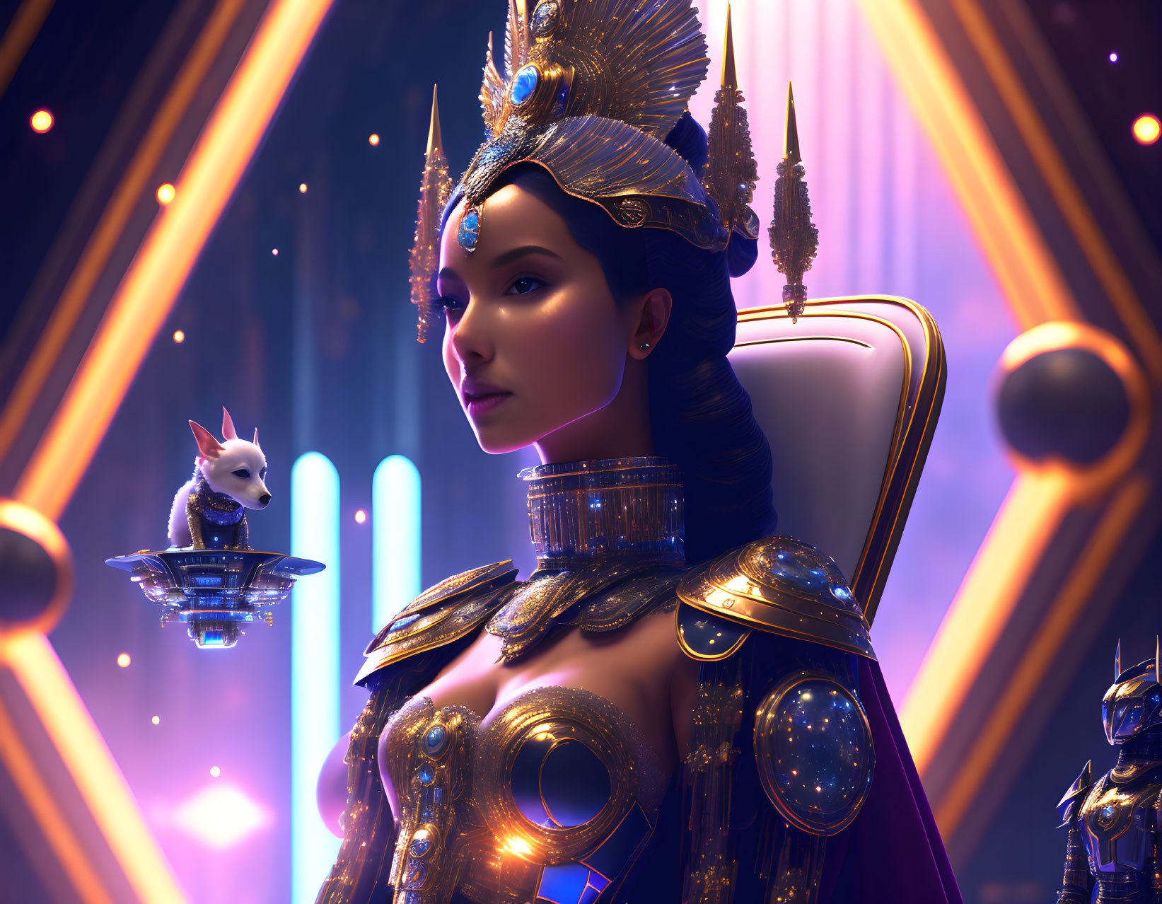 Futuristic queen in blue and gold attire with robotic guards and small dog