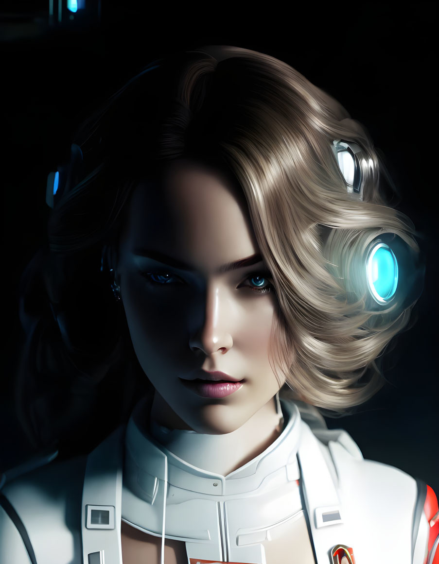 Blond-haired female in futuristic headphones on dark backdrop