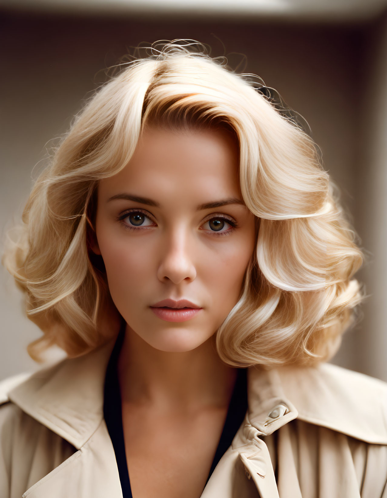 Blonde woman with wavy hair in beige coat