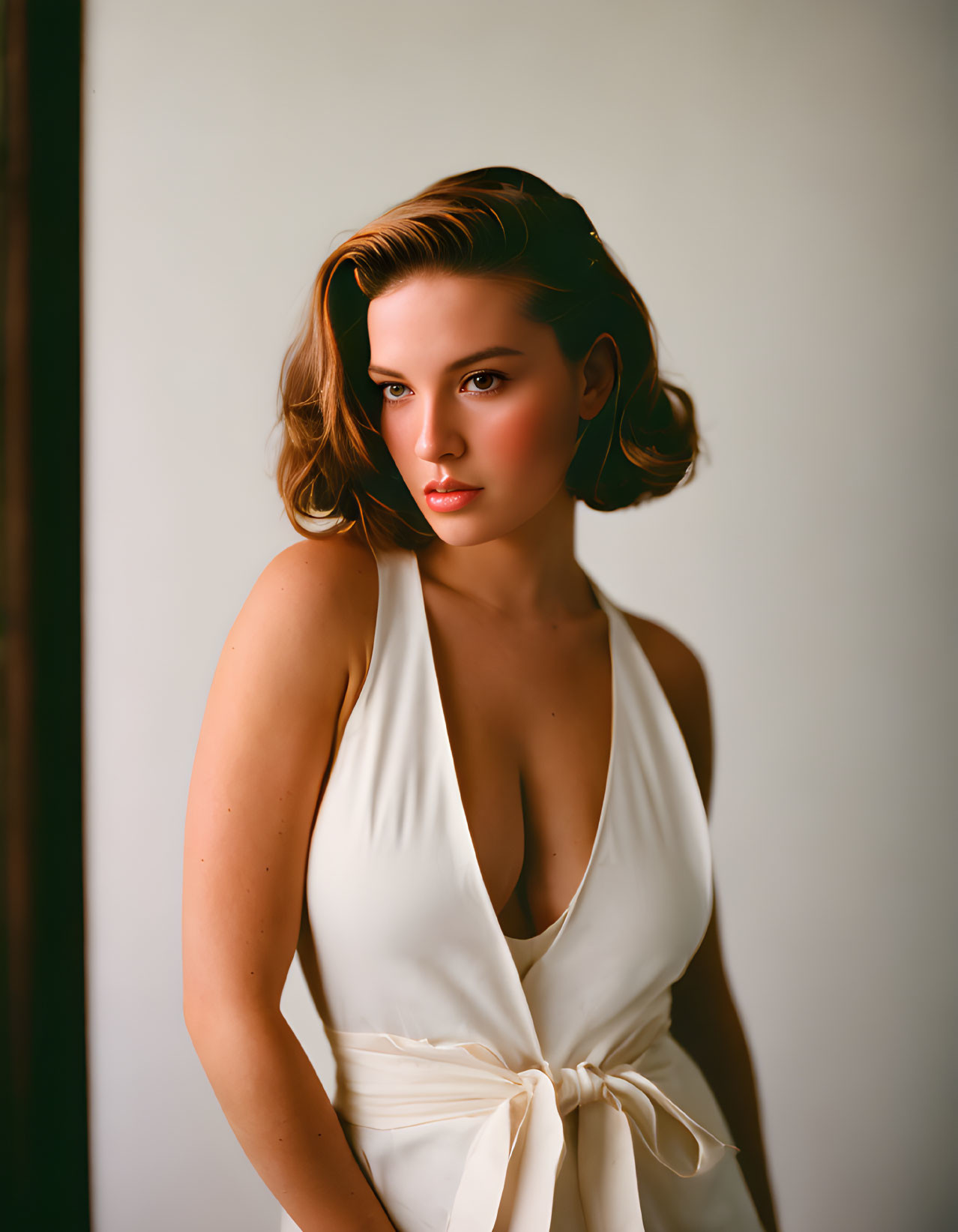 Woman in White Sleeveless Dress with Plunging Neckline Pose Against Soft-Lit Background