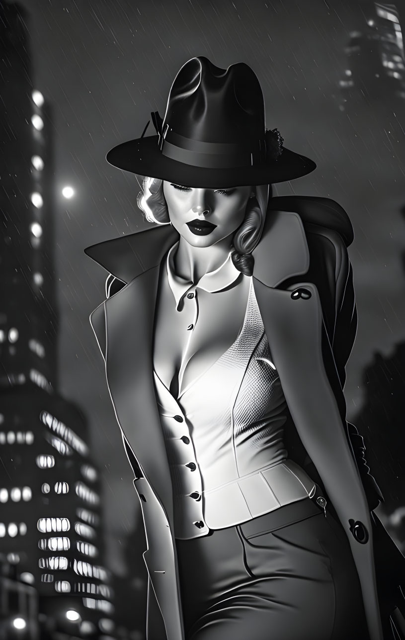 Monochrome vintage-styled woman in hat against night cityscape with rain reflections