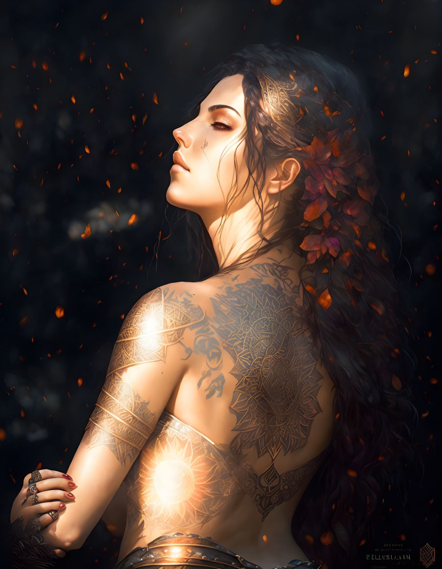 Woman with intricate tattoos and autumn leaves in her hair surrounded by floating embers